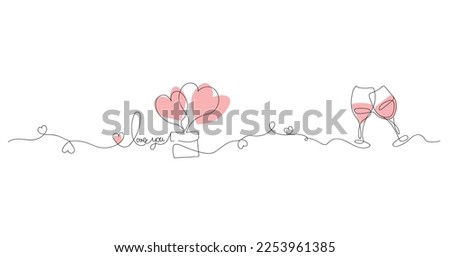 Drawn glasses of wine, gift and hearts on white background. Vale