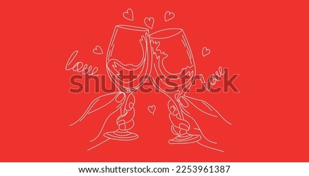 Hands of couple clinking glasses of wine on red background. Vale