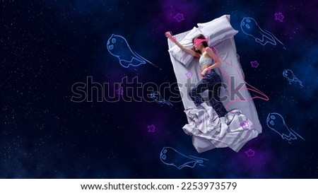 Creative design with line art. Young girl sleeping and dreaming of being superwoman, flying over starry night sky with cute ghosts. Concept of fantasy, artwork, creativity, imagination, relaxation. Royalty-Free Stock Photo #2253973579