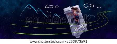 Creative design with line art. Young girl sleeping and dreaming about winning run marathon. Sport achievements. Concept of fantasy, artwork, creativity, imagination, relaxation, mental health. Banner Royalty-Free Stock Photo #2253973591