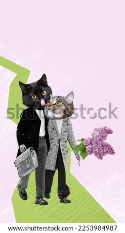 Contemporary art collage. Creative design. Retro couple with cat's head going with flowers. Spring mood. Concept of love, holiday, women's day, surrealism, hobby, animal theme. Copy space for ad Royalty-Free Stock Photo #2253984987