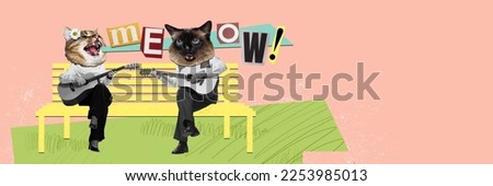 Contemporary art collage. Creative design. Couple with cat's head sitting and singing with guitars. Spring mood. Concept of holiday, women's day, surrealism, hobby, animal theme. Copy space for ad Royalty-Free Stock Photo #2253985013