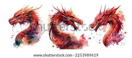 Chinese red Dragon set vector hand drawn watercolor illustration sketch for decorative design of Asian culture celebrations, traditional holidays banners, greeting cards, fashion background and Royalty-Free Stock Photo #2253989619