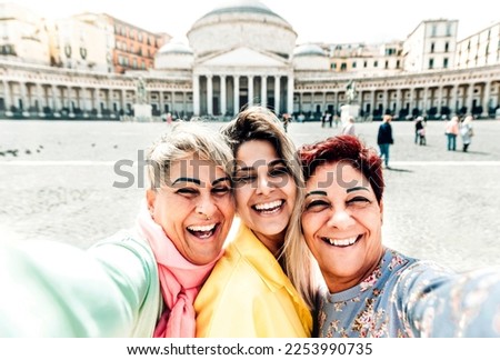 Girl mom and grandmother taking a selfie portrait in Plebiscite Square Naples - Happy family having fun at travel in Italy on spring - Holidays traveling and escursion lifestyle concept	
