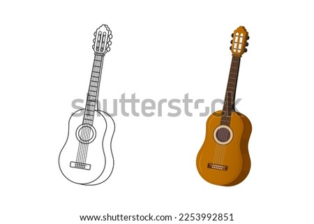 Coloring page for children - a classic musical instrument - guitar. Black and white illustration. Children's coloring book for elementary school. Vector.