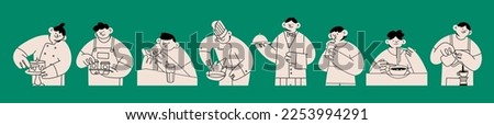 Set of Baker, Waiter, Chef, Barista, eating people. Cute cartoon characters. Hand drawn isolated Vector illustrations. Restaurant staff, fast food, professional kitchen, baking, coffee shop concept Royalty-Free Stock Photo #2253994291