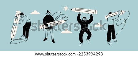 Various people with a giant Pencils. Young person holding pencil. Cute funny isolated characters. Cartoon style. Hand drawn Vector illustration. Drawing, writing, creating, design, blogging concept Royalty-Free Stock Photo #2253994293