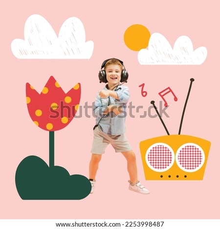 Little dancer. Happy smiling boy, kid dancing. Creative collage, artwork with drawings, doodles and illustration elements. Happy time, music, happiness, joyful childhood concept Royalty-Free Stock Photo #2253998487