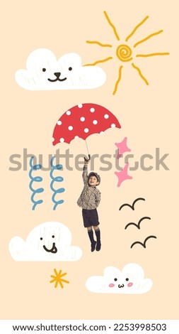 Creative collage, artwork with happy kid flying with drawn umbrella over light background with drawings, doodles and illustration elements. Sunny day. Happiness, carefree childhood concept Royalty-Free Stock Photo #2253998503