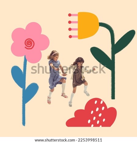Summer sunny day. Creative collage, artwork with happy kids, children having fun, playing over light background with drawings, doodles and illustration elements. Happiness, carefree childhood concept Royalty-Free Stock Photo #2253998511