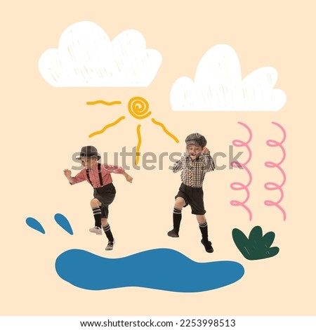 Joyful boys jumping. Creative collage, artwork with happy kid, children having fun, playing over light background with drawings, doodles and illustration elements. Spring, happiness, childhood concept Royalty-Free Stock Photo #2253998513