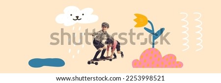 Creative artwork with happy kids, children having fun, skateboarding over light background with drawings, doodles and illustration elements. joy, fun, happiness, childhood concept. Banner Royalty-Free Stock Photo #2253998521