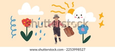 Creative collage, artwork with happy kid in retro style clothes running over light background with drawings, doodles and illustration elements. Spring, happiness, carefree childhood concept Royalty-Free Stock Photo #2253998527