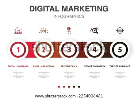 Social campaign, Email marketing, Pay per click, SEO optimization, Target Audience, icons Infographic design layout template. Creative presentation concept with 5 steps