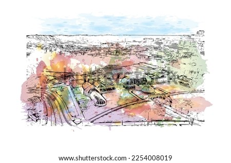 Building view with landmark of Pittsburgh is a city in western Pennsylvania. Watercolor splash with hand drawn sketch illustration in vector.