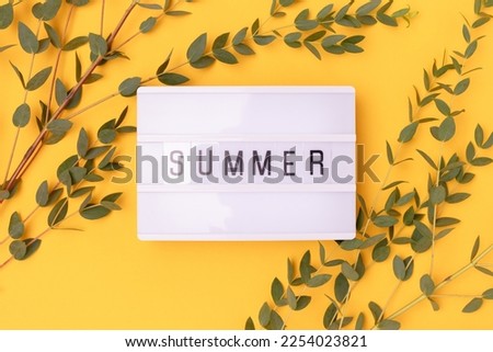 Lightbox with word Summer. Eucalyptus branches on a yellow background.