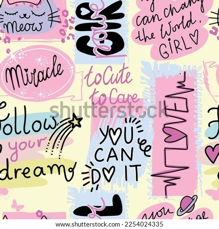 Girls seamless pattern with calligraphic slogan, hearts, words  . background for texylie, graphic tees, kids wear. Wallpaper for teenager girls. Fashion style Royalty-Free Stock Photo #2254024335