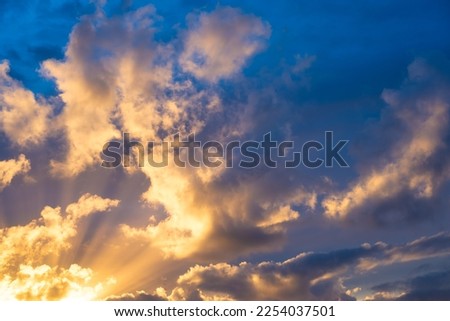 Sky with clouds during sunset. Clouds and blue sky. A high-resolution photograph. Panoramic photo for design and background.