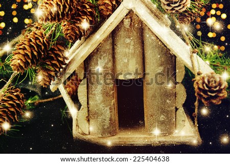 Christmas composition with small bird house.