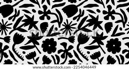 Black and white flower seamless pattern illustration. Children style floral doodle background, funny basic nature shapes wallpaper.