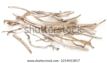 Sea driftwood branches isolated on white background. Bleached dry aged drift wood.  Royalty-Free Stock Photo #2254053857