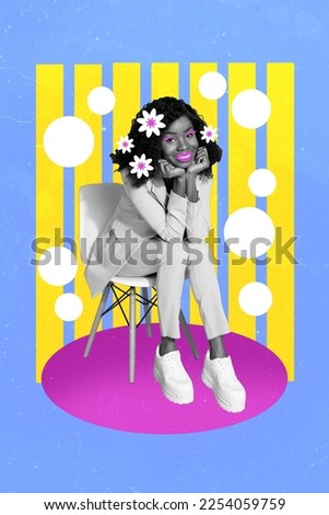 Creative 3d photo collage artwork poster postcard picture of petty cute lady relax rest break home room isolated on painting background