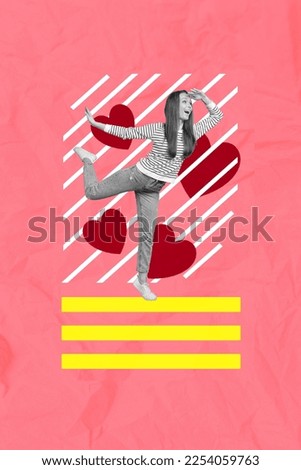 Collage photo of young attractive miniature woman look far away want search her feelings date boyfriend isolated on red hearts painted background