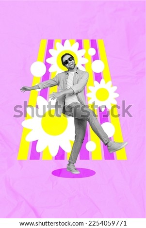 Photo collage of young active positive swag man wear sunglasses dancing enjoy spring season fresh flowers isolated on over white daisy background