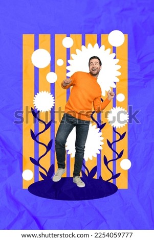 Photo collage of young student guy wear casual outfit dancing in daisy flowers garden enjoy nature environment isolated on painted background