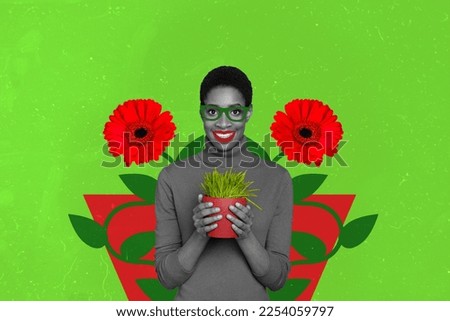 Photo sketch collage graphics artwork picture of funky funny lady growing plants isolated drawing background