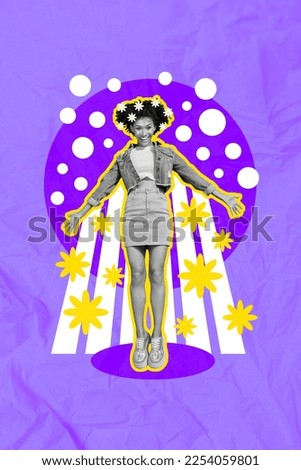 Image collage artwork designed creative photo of young overjoyed happiness girl enjoy nature environment yellow flowers isolated on purple background
