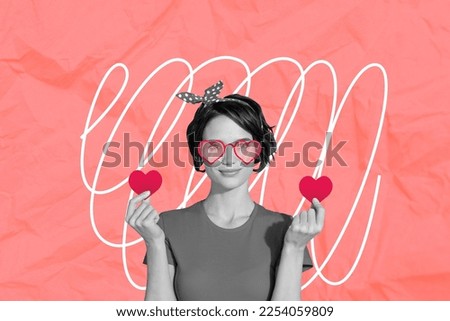 3d retro abstract creative collage artwork template of happy smiling lady holding two red hearts isolated painting background