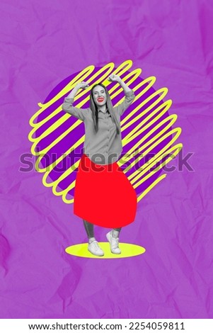 Creative photo collage artwork poster postcard of bright happy young lady rejoice discounts new collection isolated on painting background