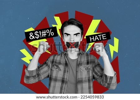 Creative photo 3d collage artwork poster picture of aggressive boy guy showing fist suffer school bullying isolated on painting background
