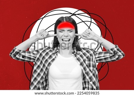 Creative 3d photo collage artwork poster picture of mad nervous lady shouting work overtime get tired isolated on painting background