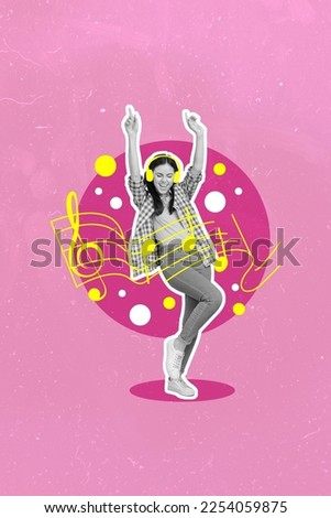 Photo sketch collage graphics artwork picture of dreamy happy lady enjoying songs sounds notes isolated drawing background