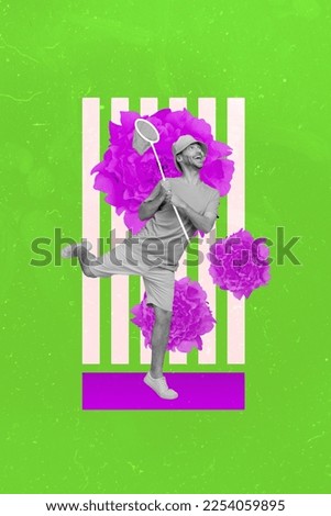 Collage poster artwork of excited positive guy wear funny hat trying catch butterfly net fresh painted purple flowers isolated on green background