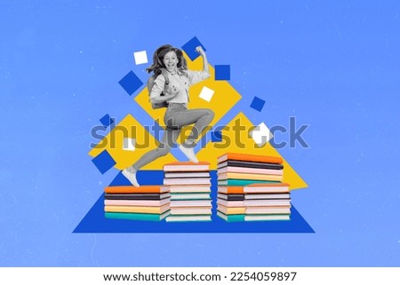 Exclusive magazine picture sketch collage image of happy smiling small kid jumping book pile stack isolated painting background