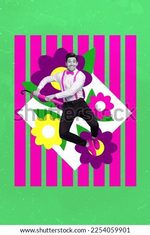 3d retro abstract creative collage template of smiling excited guy enjoying flower jumping high isolated painting background