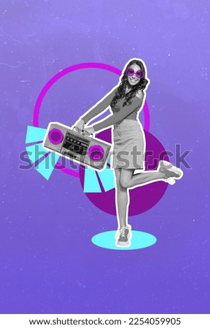 Picture photo collage of excited good mood dancing funky young hipster girl hold retro boombox wear painted glasses isolated over drawing background