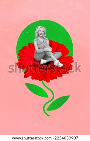 Photo collage artwork minimal picture of happy charming lady sitting inside red flower isolated drawing background