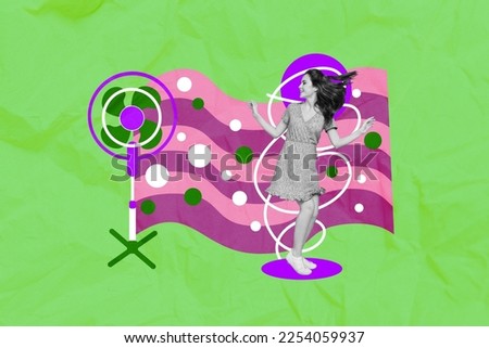 Creative photo 3d collage artwork poster postcard of joyful lady enjoy summer warm days weekend turn fan isolated on painting background