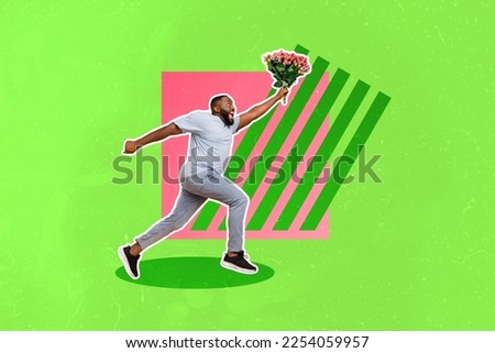 Creative collage picture of excited running guy arm hold flowers bouquet isolated on drawing background