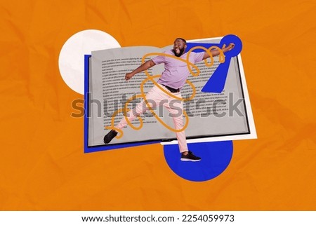 Creative collage image of excited overjoyed little guy huge opened book isolated on painted background