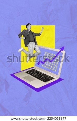 Collage 3d image of pinup pop retro sketch of happy lucky guy earning cash apple samsung modern device isolated painting background