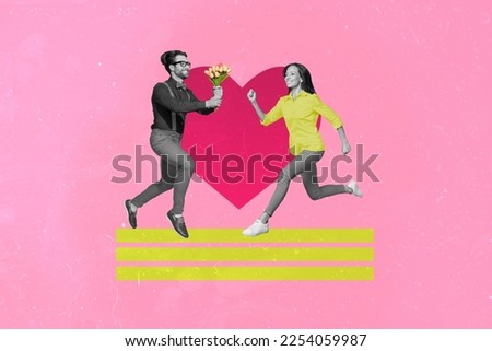 Creative photo 3d collage artwork poster postcard picture of man carry greetings 8 march spring romance isolated on painting background
