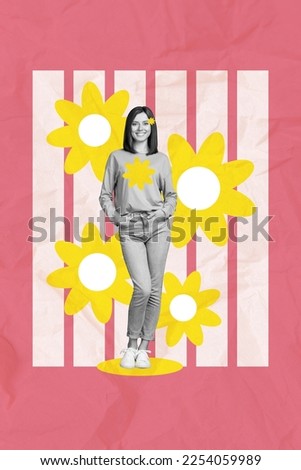 Vertical collage picture of positive cheerful black white effect girl painted yellow flowers isolated on drawing background