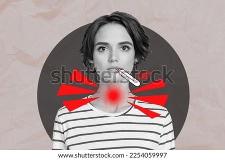 Creative collage image of black white effect sick girl hold thermometer mouth throat pain isolated on creative background