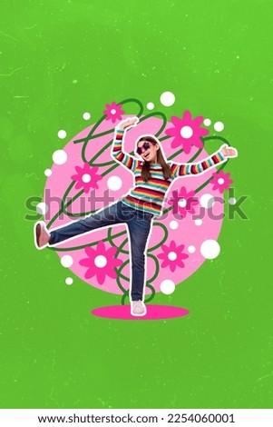 Artwork magazine collage picture of smiling happy small kid dancing having fun enjoying flowers aroma isolated drawing background
