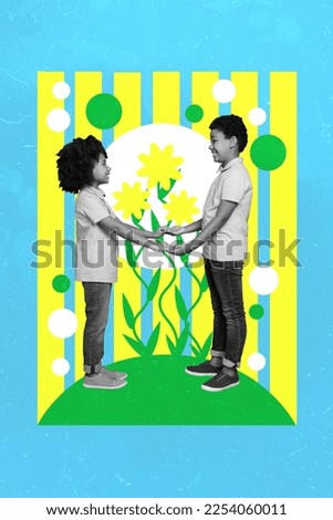 Photo artwork minimal collage picture of funny charming small kids holding arms isolated drawing background